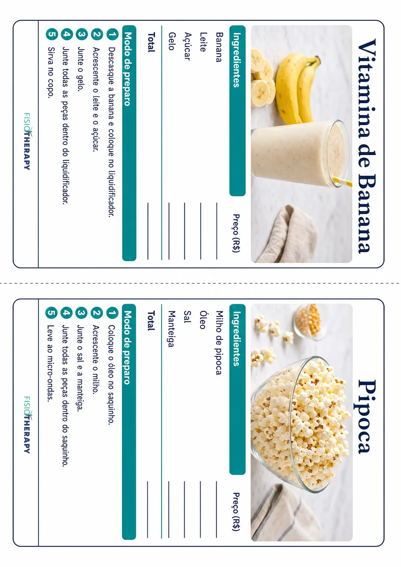 Fichas de receita — vitamina de banana e pipoca