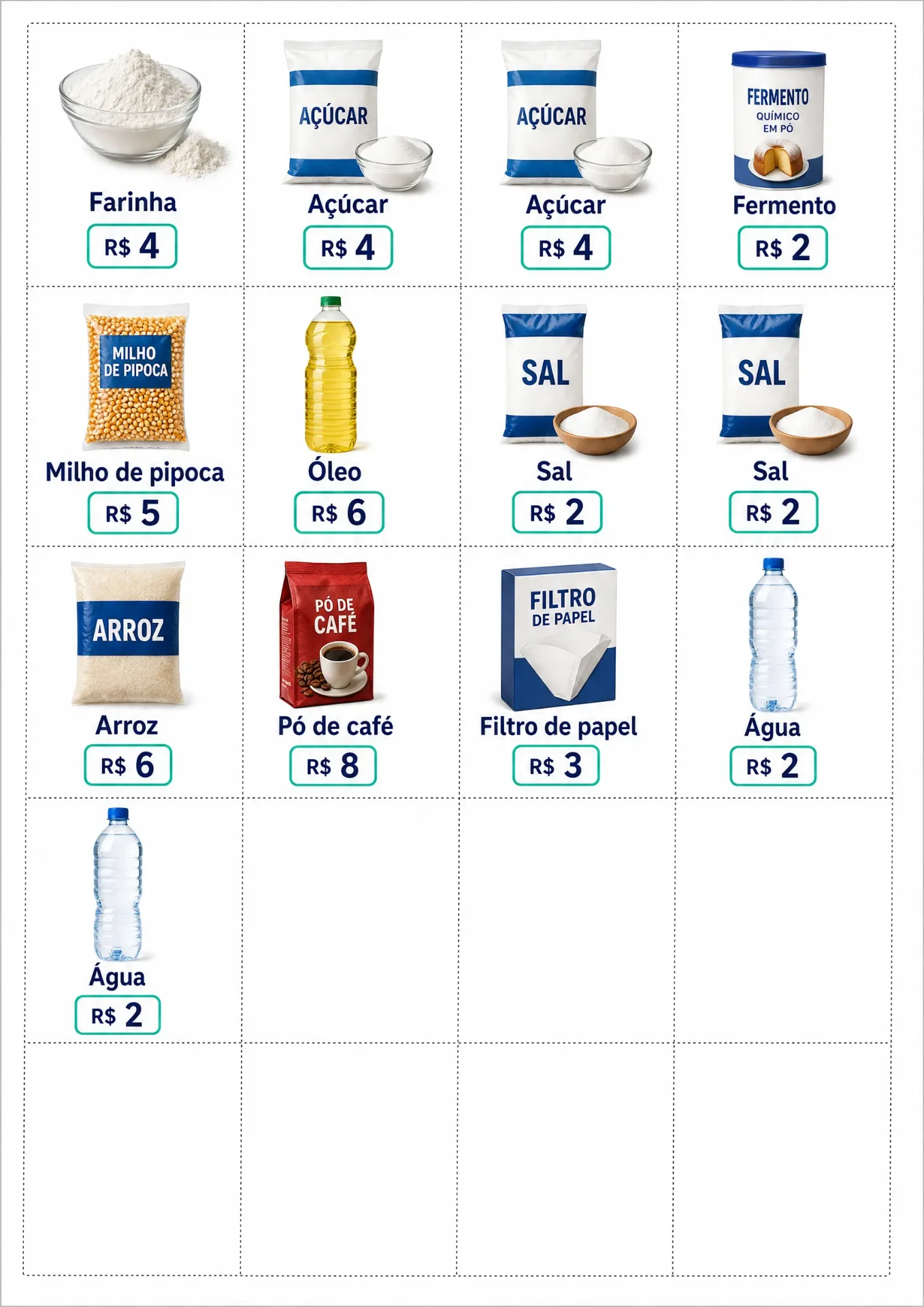 Produtos de mercado recortáveis com preços