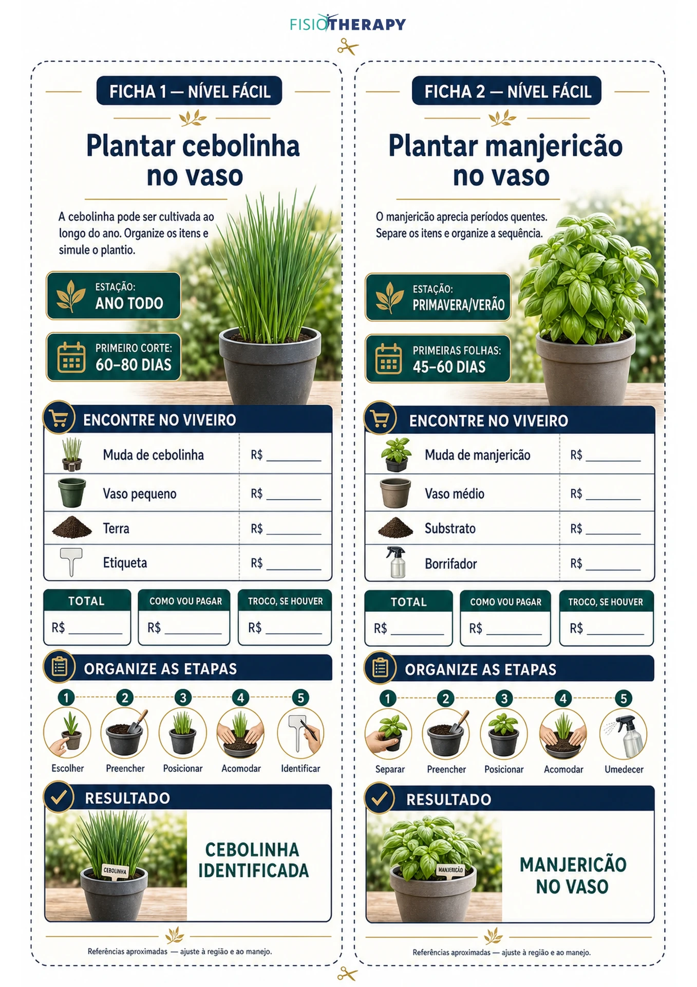 Fichas nível fácil — plantar cebolinha e manjericão no vaso