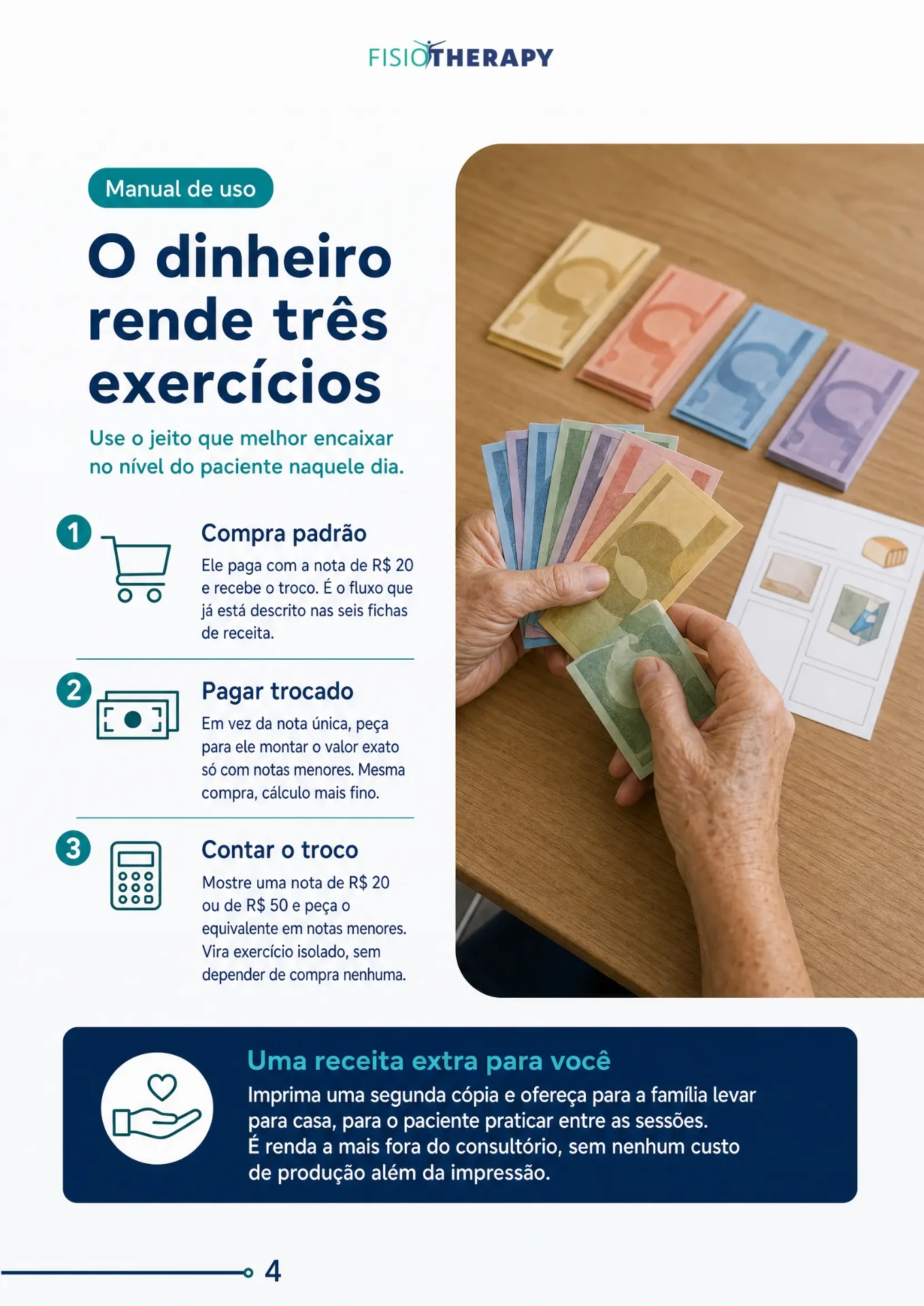 Manual do dinheiro de brincar com três variações de exercício