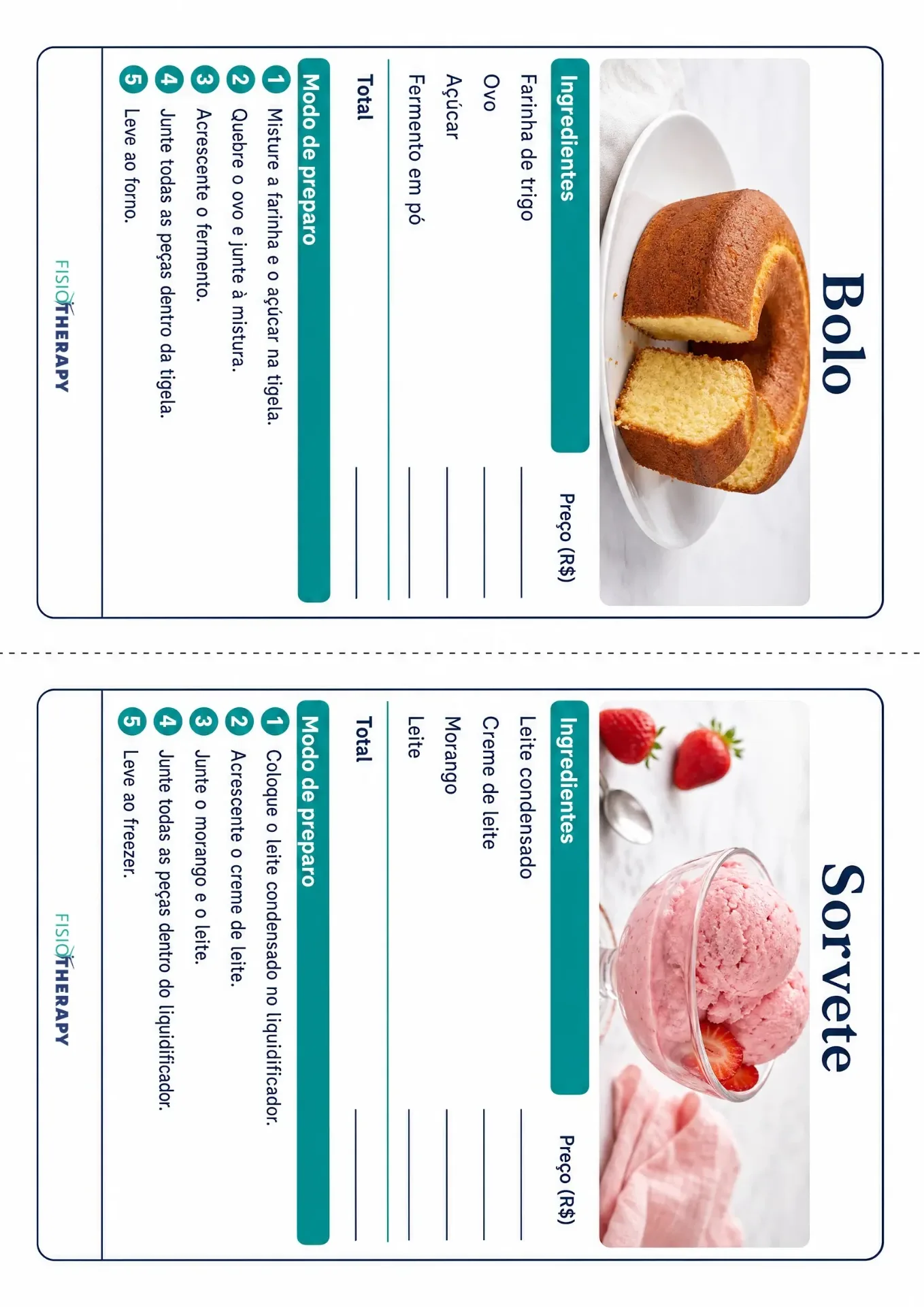 Fichas de receita — bolo e sorvete