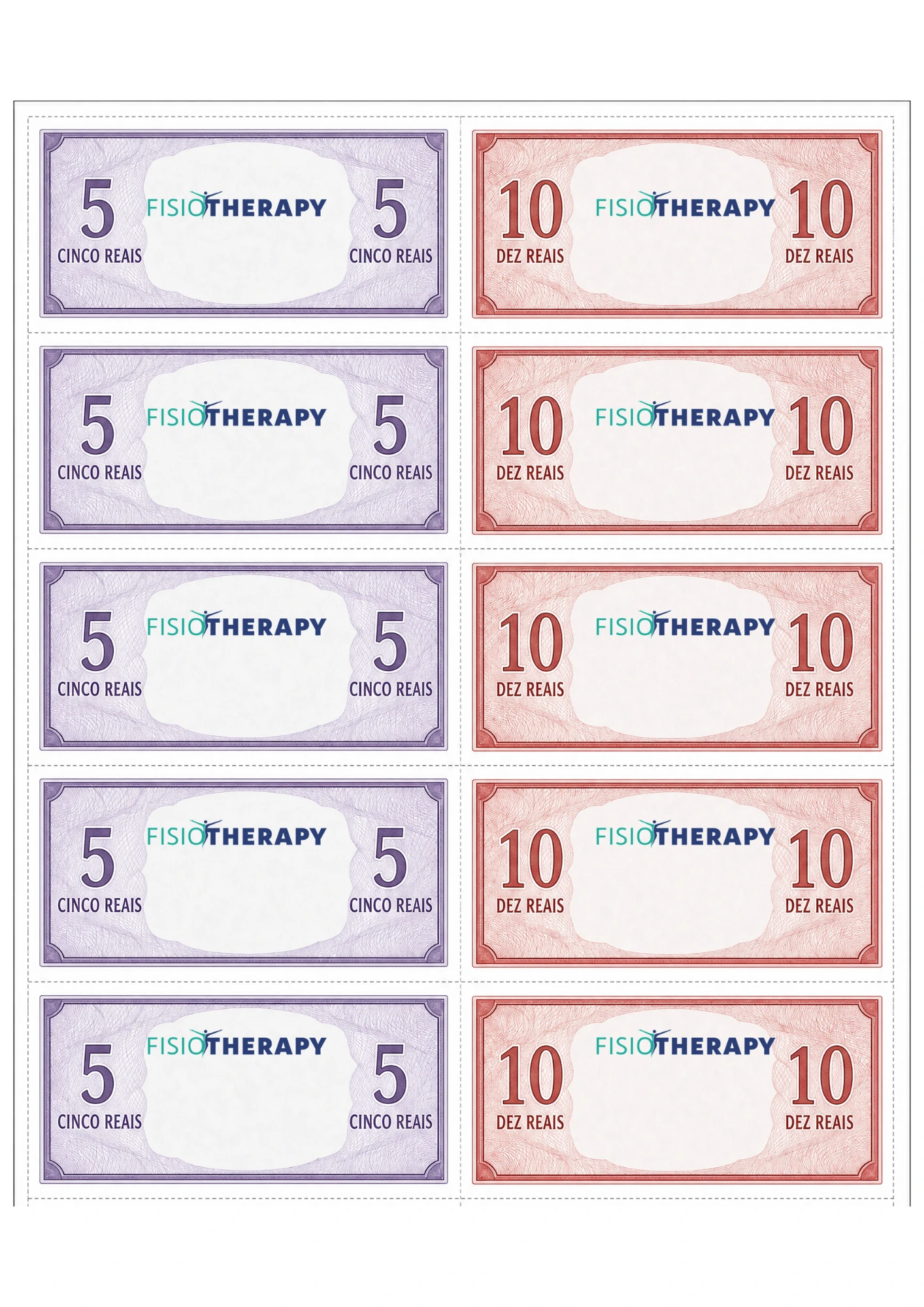 Cédulas de brincar de R$ 5 e R$ 10 para recortar