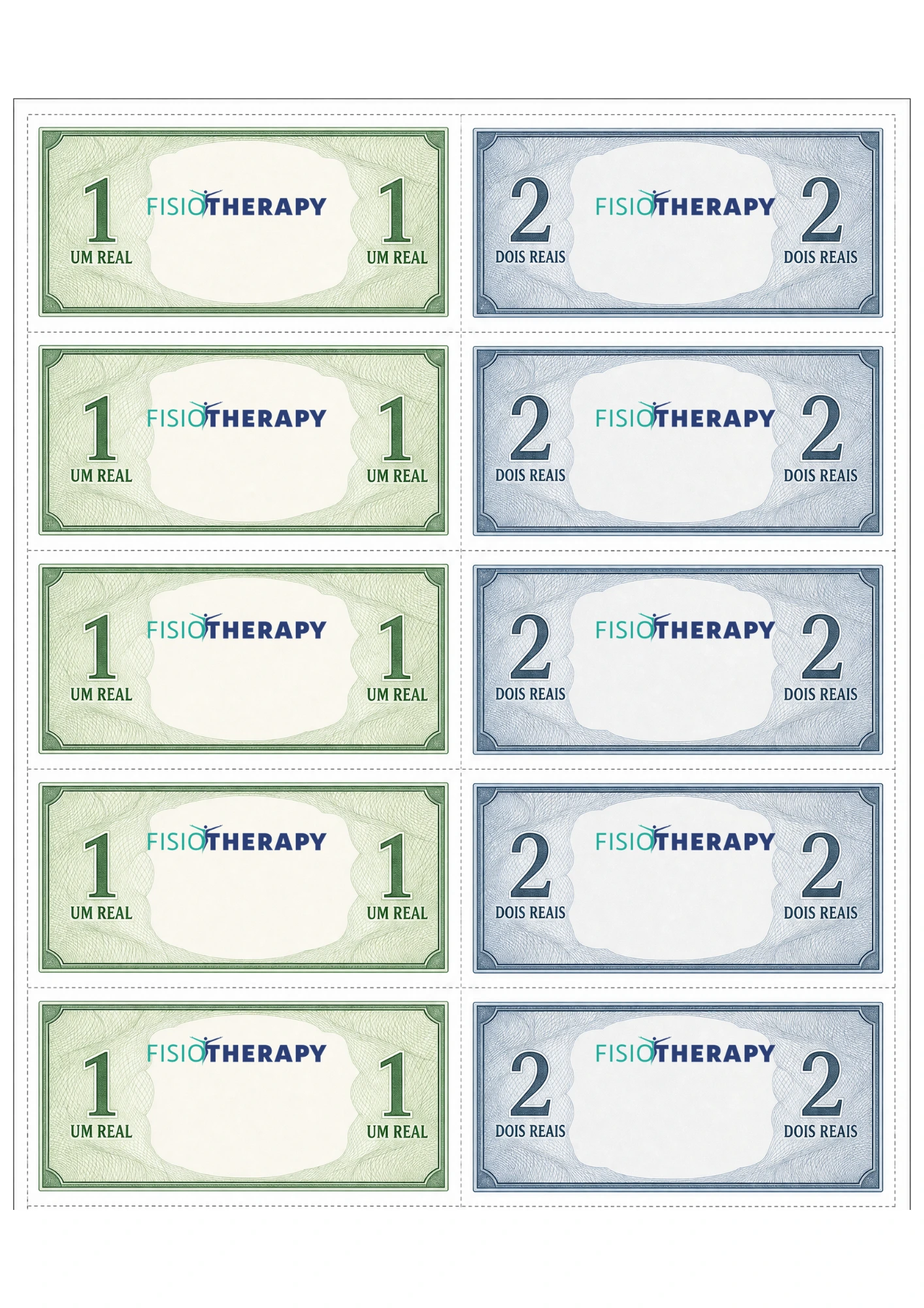 Cédulas de brincar de R$ 1 e R$ 2 para recortar